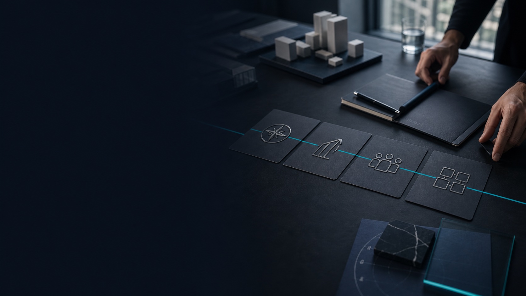 Executive at a boardroom table working through a four part AI plan